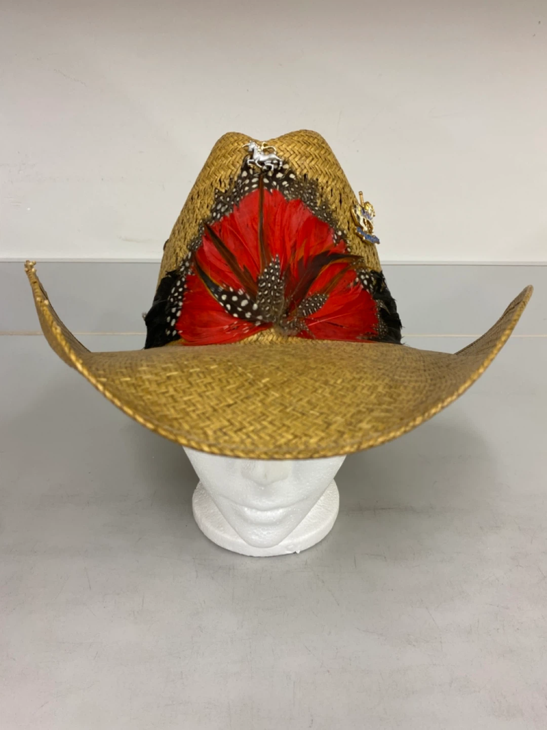 Straw Cowboy Hat with Feather and Pin Embellishments - photo 2
