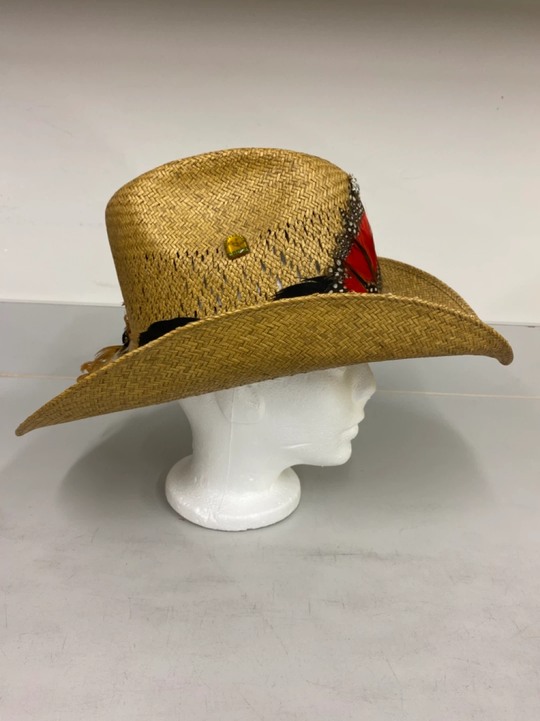 Straw Cowboy Hat with Feather and Pin Embellishments - photo 4