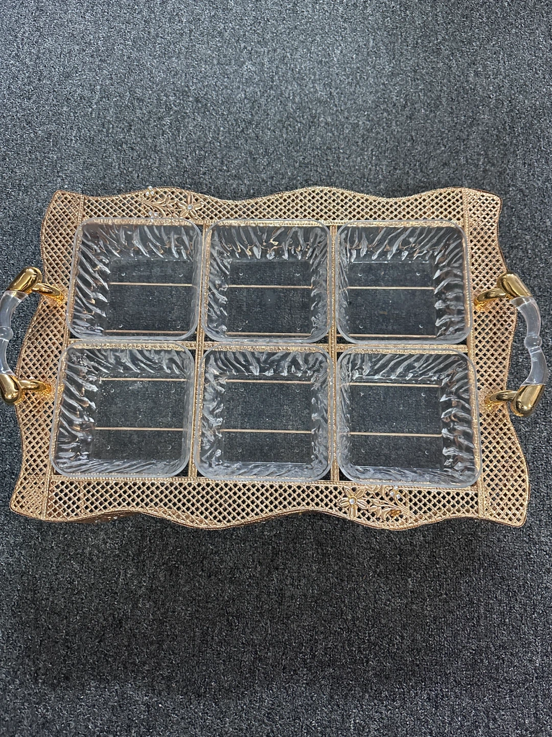 Gold Decorative Serving Tray with 6 Glass Bowls
