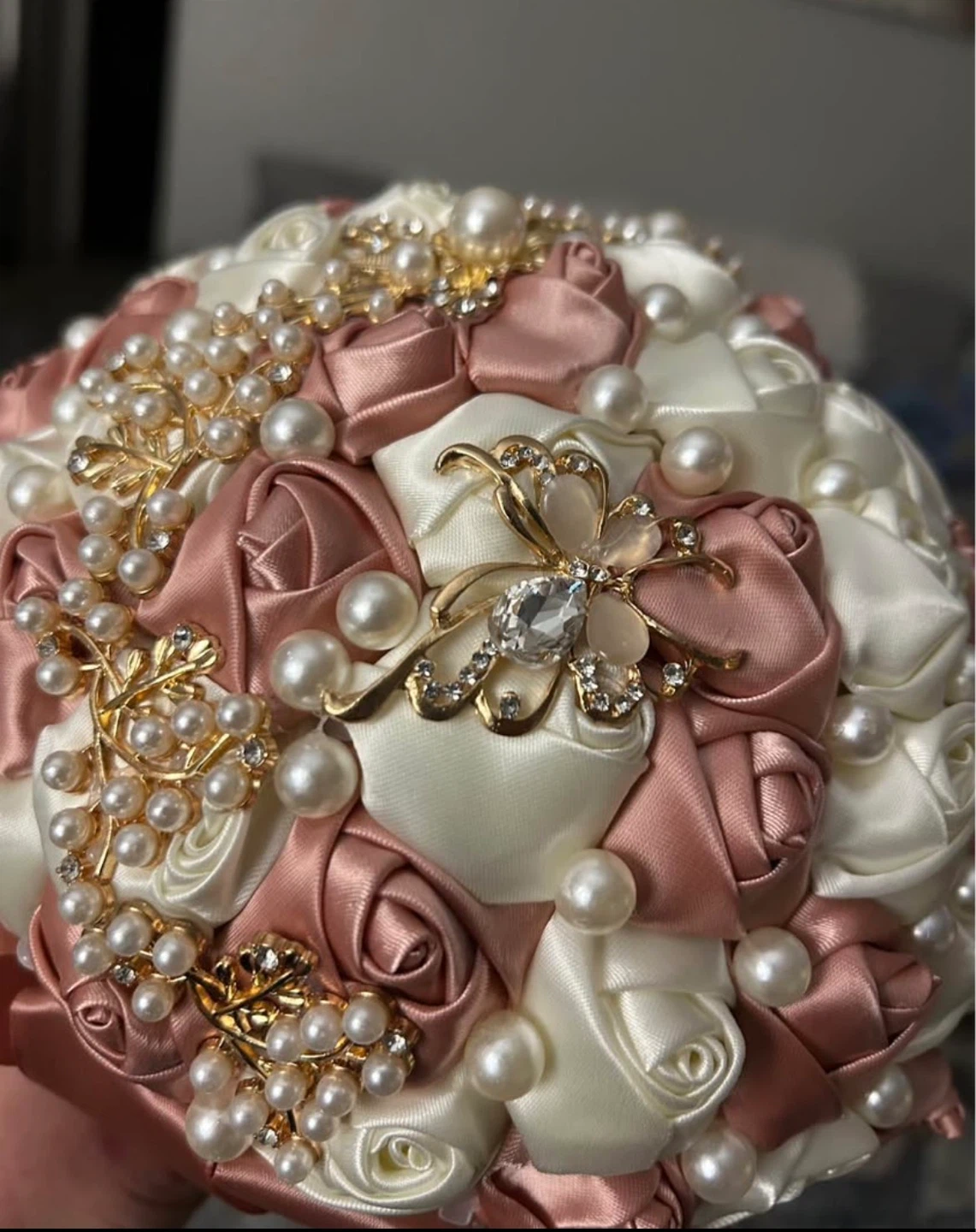 Satin Rose and Pearl Brooch Bouquet
