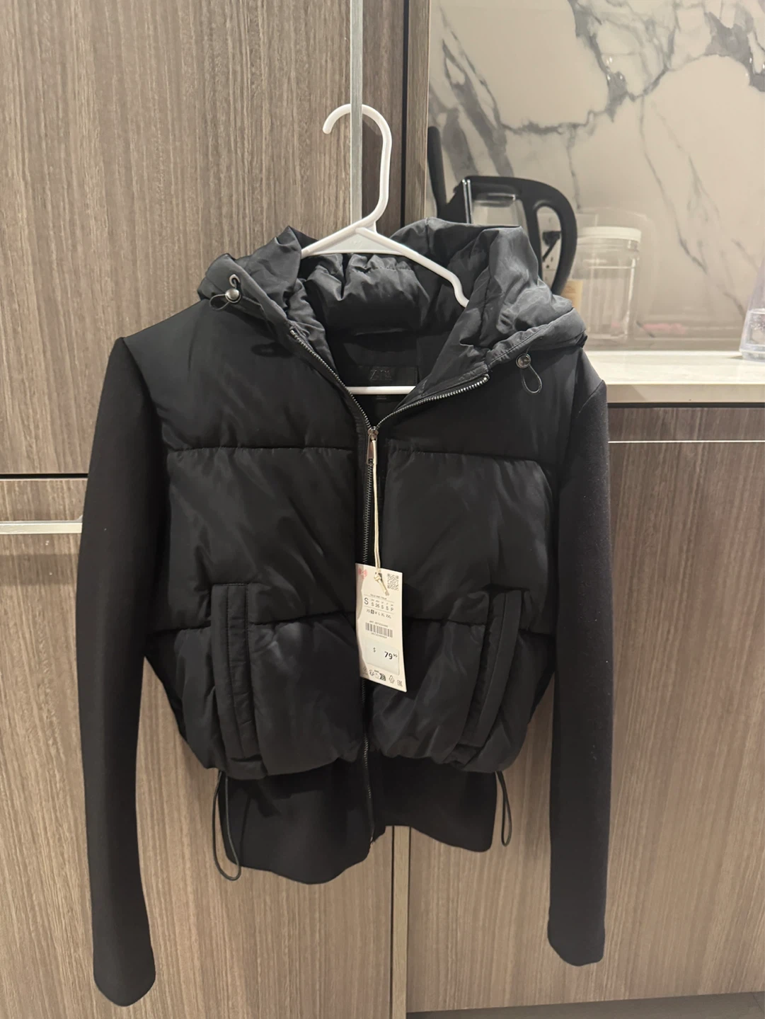 ZARA Black Puffer Cropped Jacket with Knit Sleeves - Size S