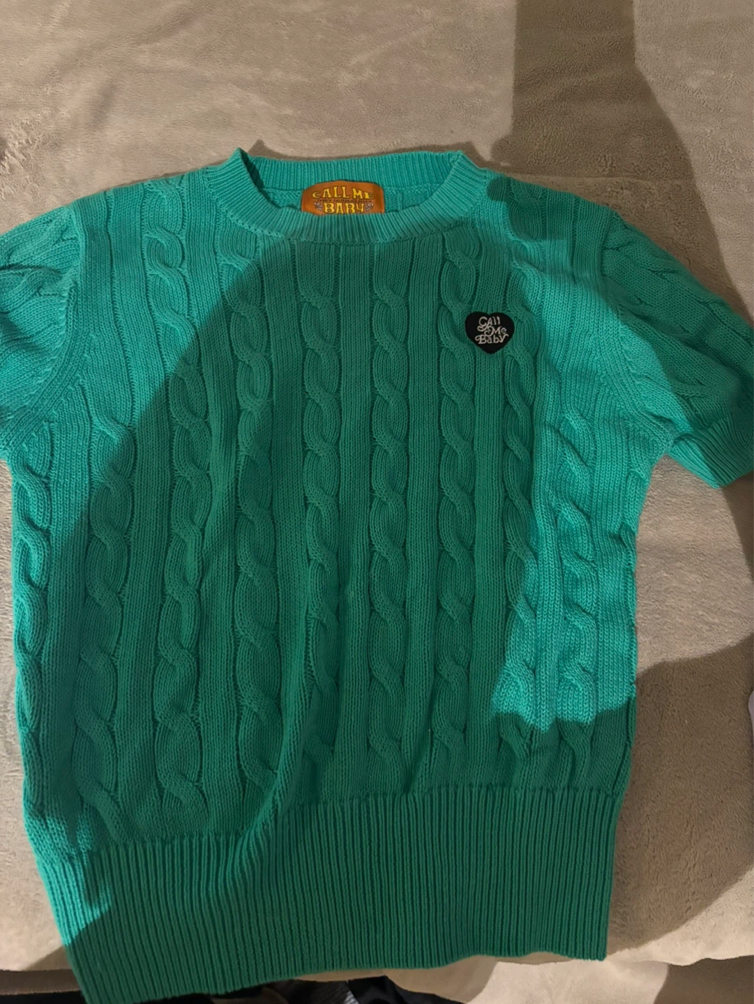 Call Me Baby Green Cable Knit Short Sleeve Sweater