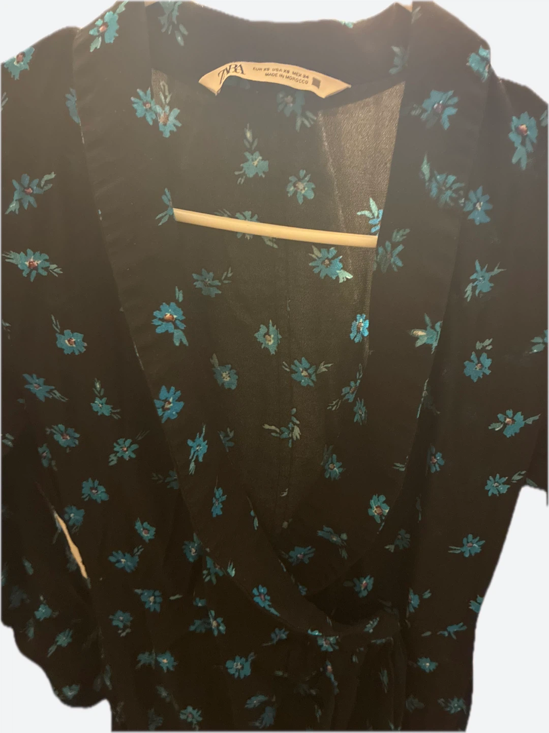 Zara Black Blue Floral Midi Dress Women’s Plunge Neck