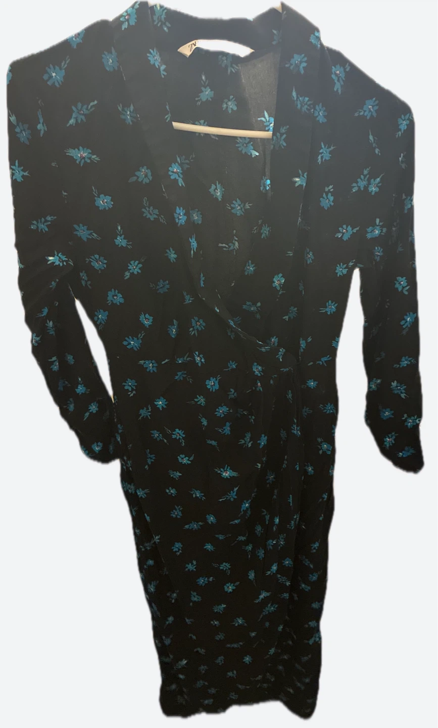 Zara Black Blue Floral Midi Dress Women’s Plunge Neck - photo 2
