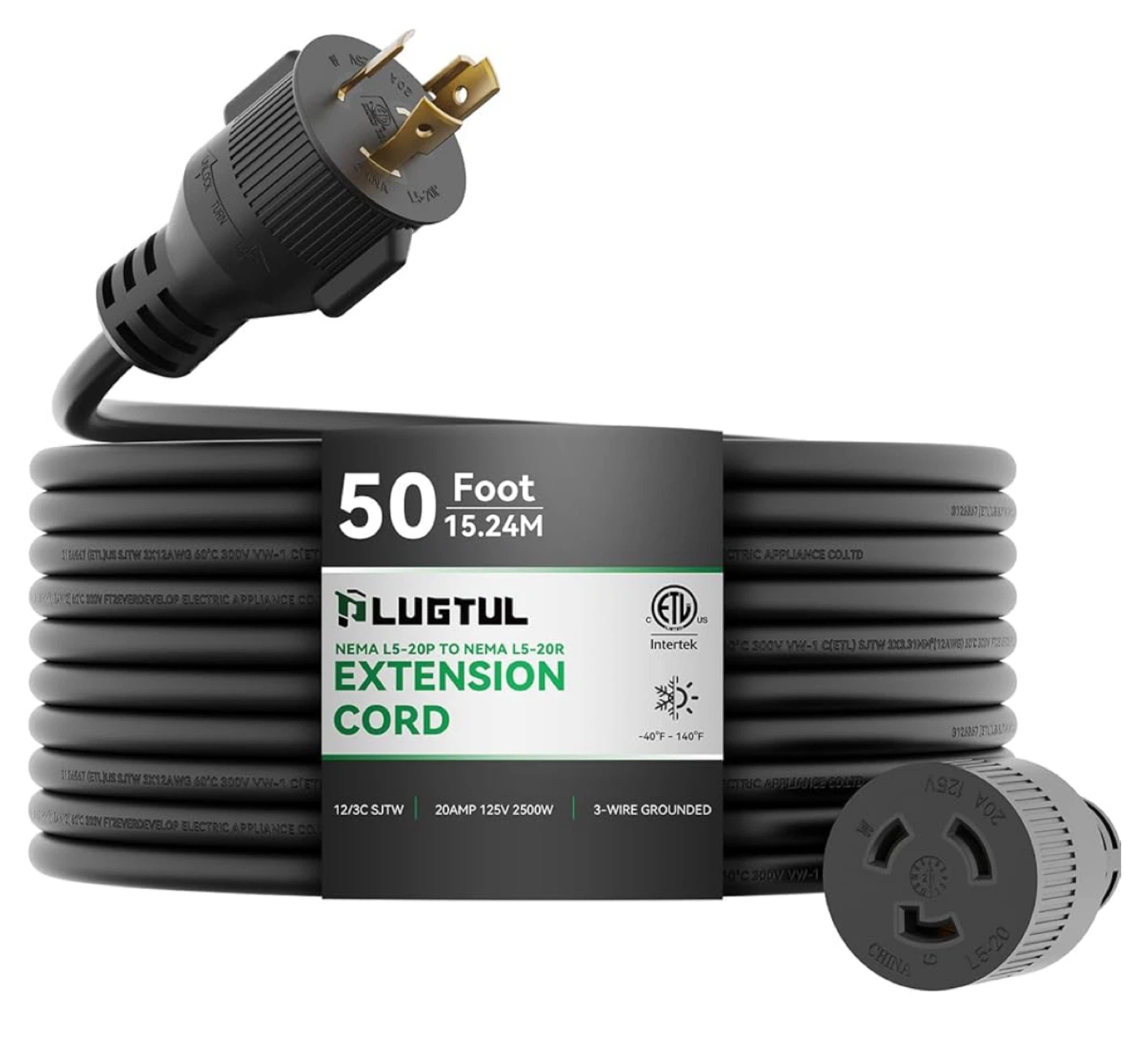 PLUGTUL Outdoor Extension Cord - 50 Ft, 12/3 SJTW, 20 Amp