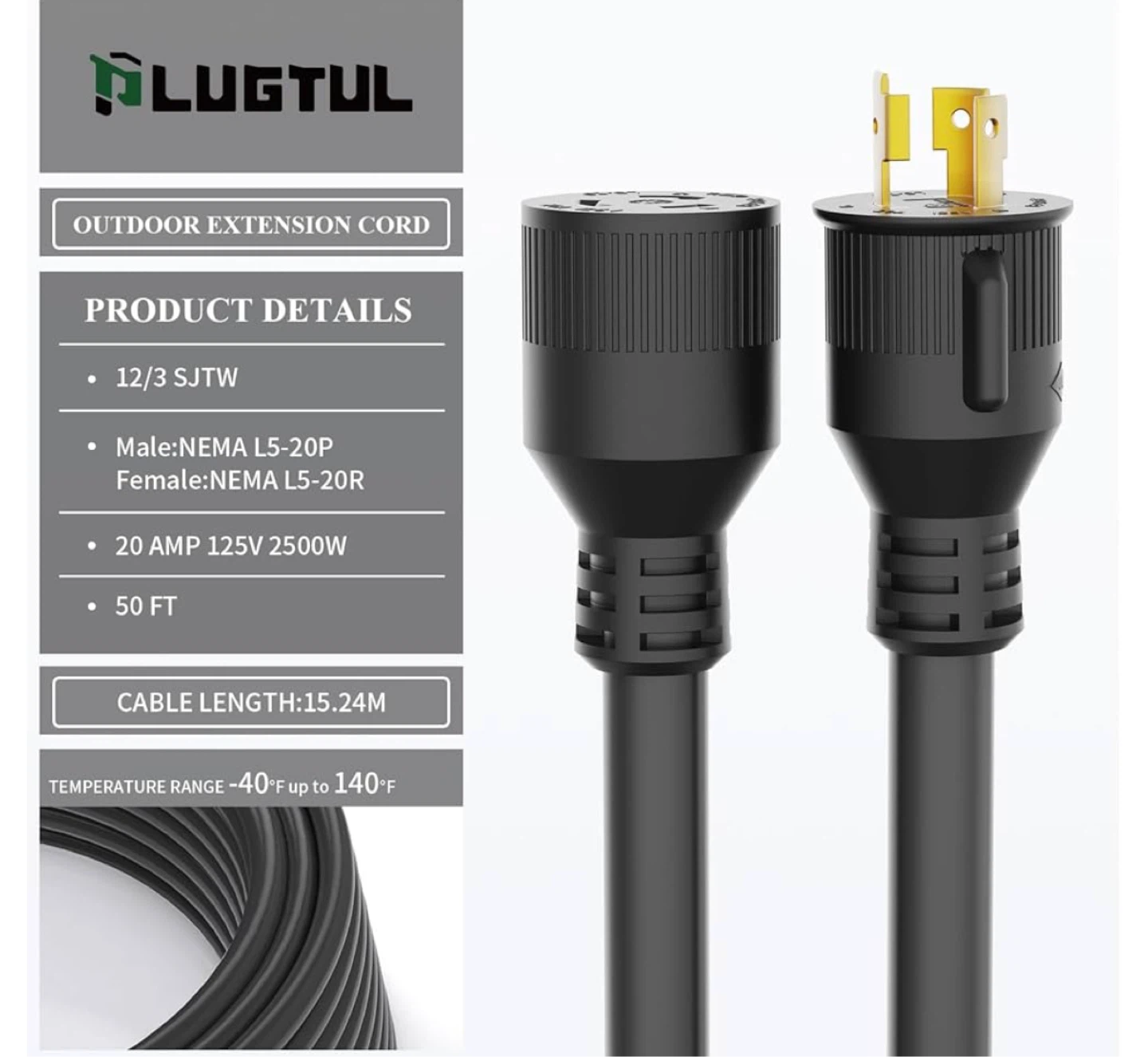 PLUGTUL Outdoor Extension Cord - 50 Ft, 12/3 SJTW, 20 Amp - photo 3