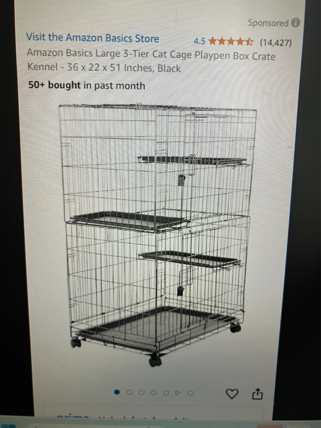 Large 3-Tier Cat Cage Playpen Kennel - 36x22x51 Inches, Black