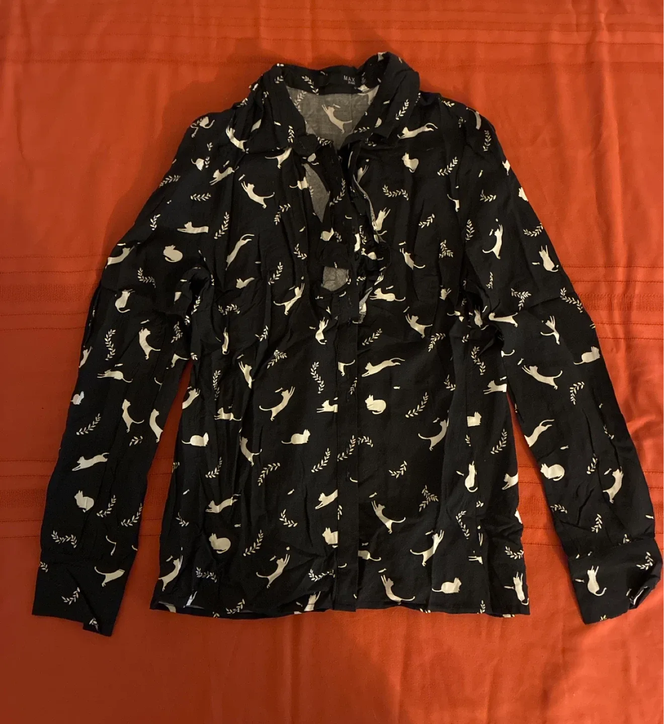 Black Cat Print ruffle Button-Up Shirt