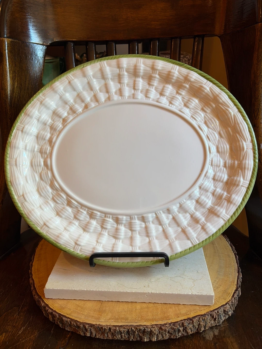 Oval Serving Platter - White with Green Trim