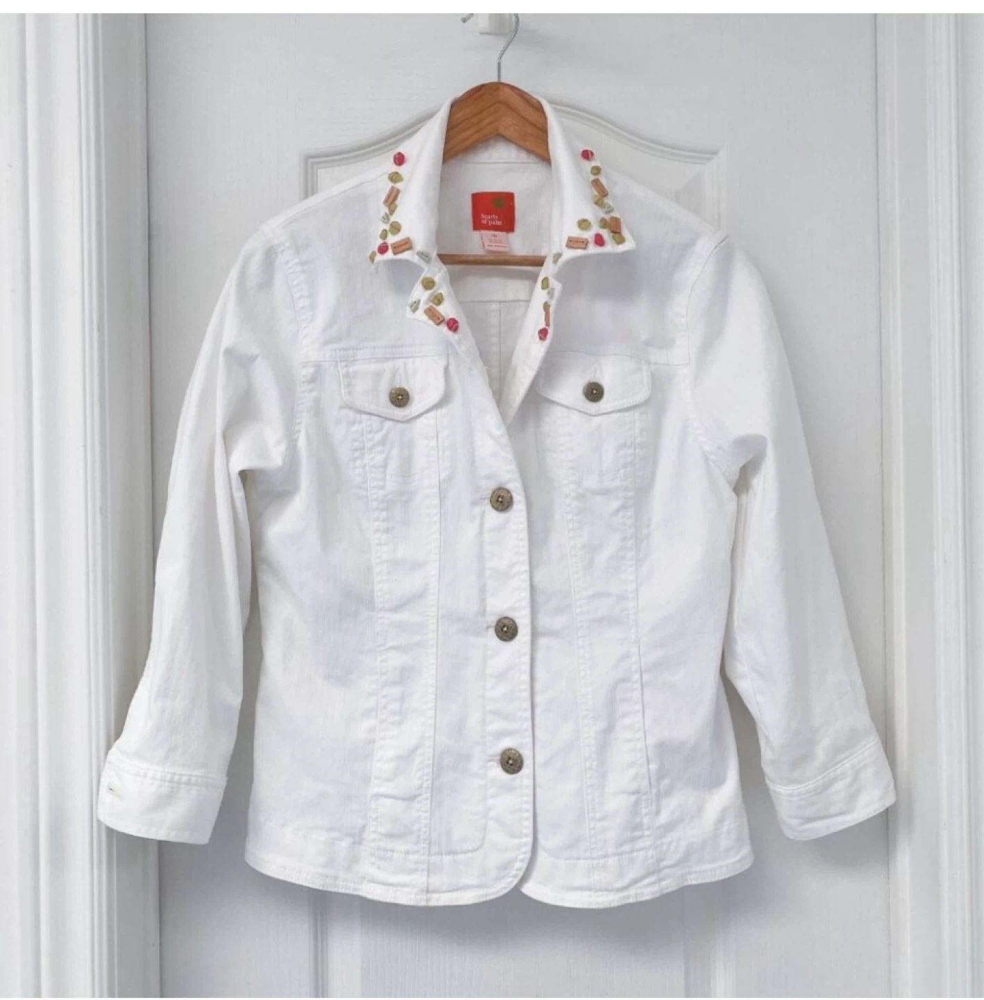 Hearts of Palm White Denim Jacket with Beaded Collar Size 10 - photo 3