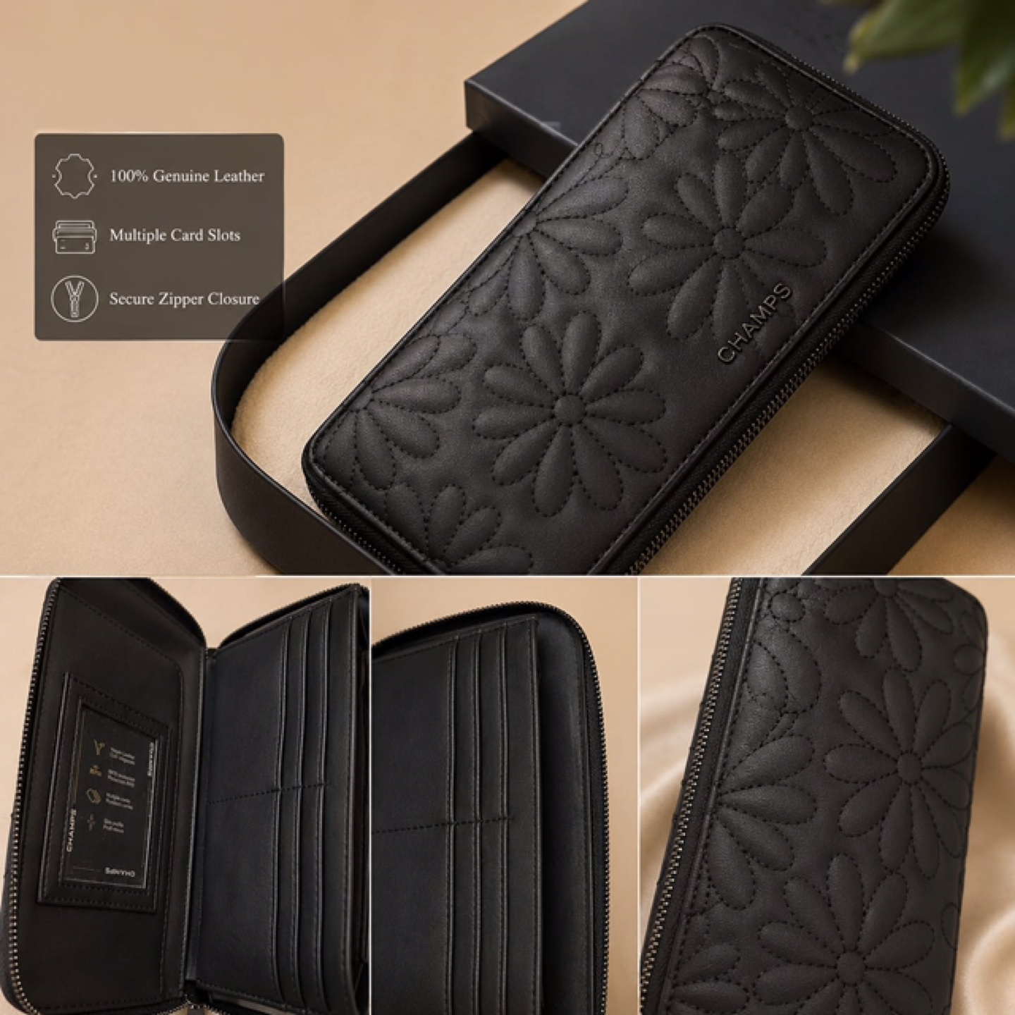 Champs Black Leather Daisy Embossed Zip Around Wallet