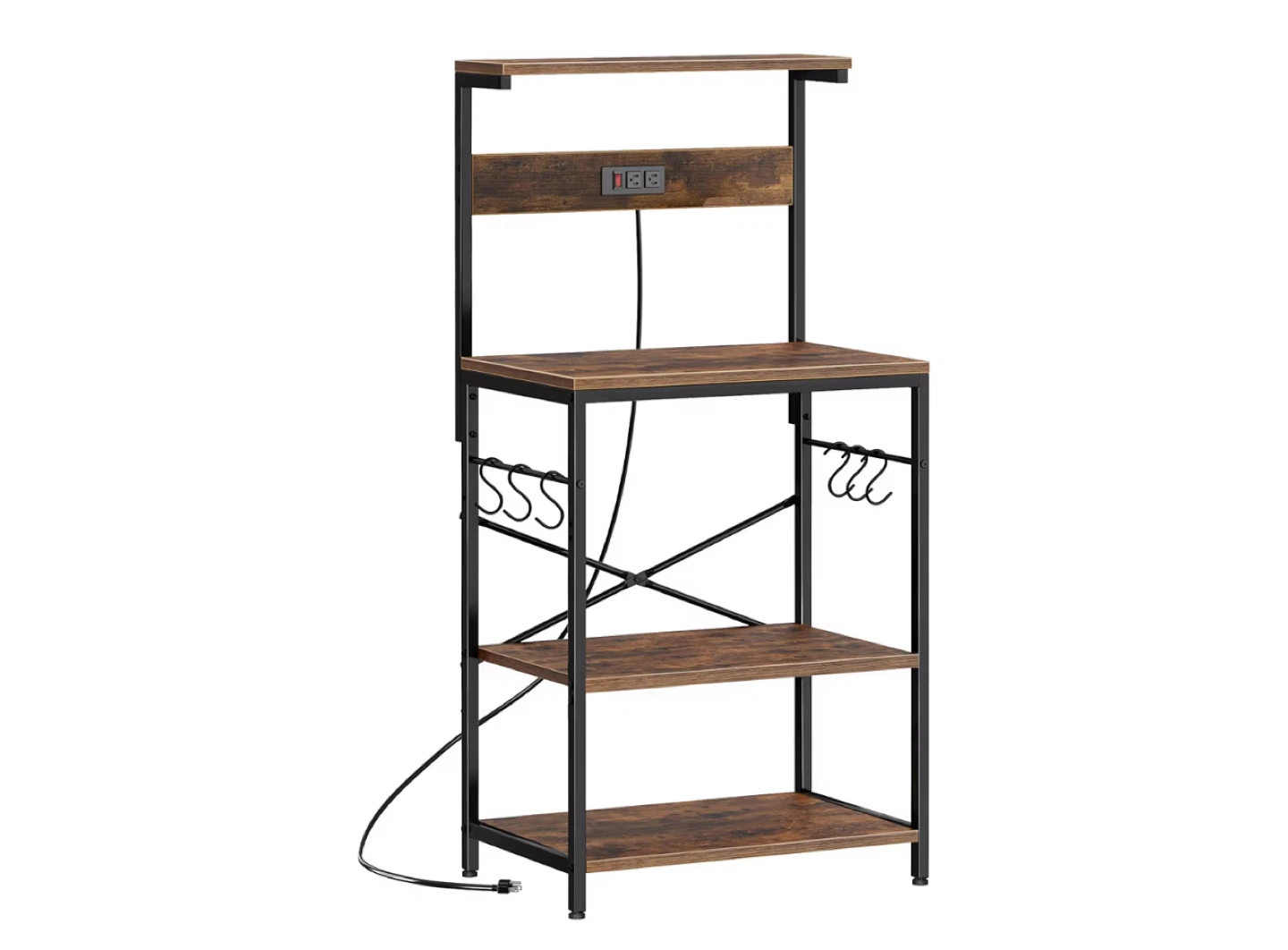 Rustic Brown Kitchen Baker's Rack with Power Outlet and Hooks