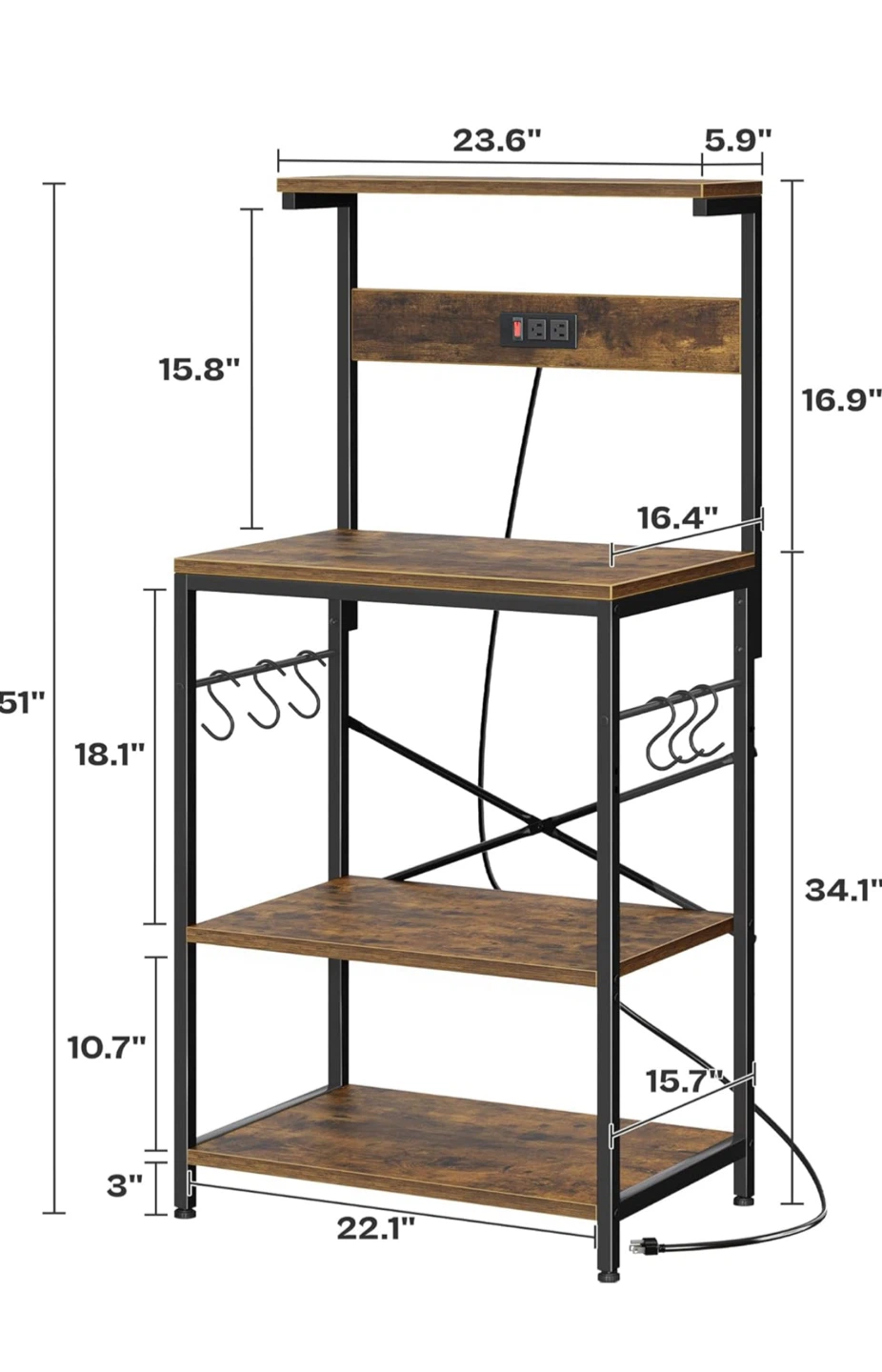 Rustic Brown Kitchen Baker's Rack with Power Outlet and Hooks - photo 3