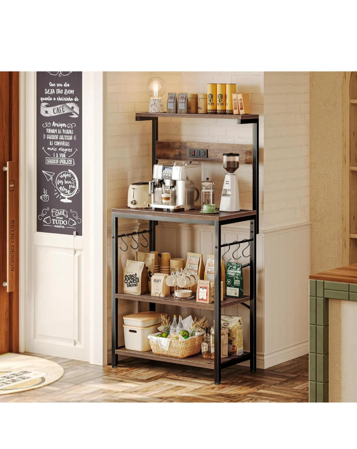 Rustic Brown Kitchen Baker's Rack with Power Outlet and Hooks - photo 2