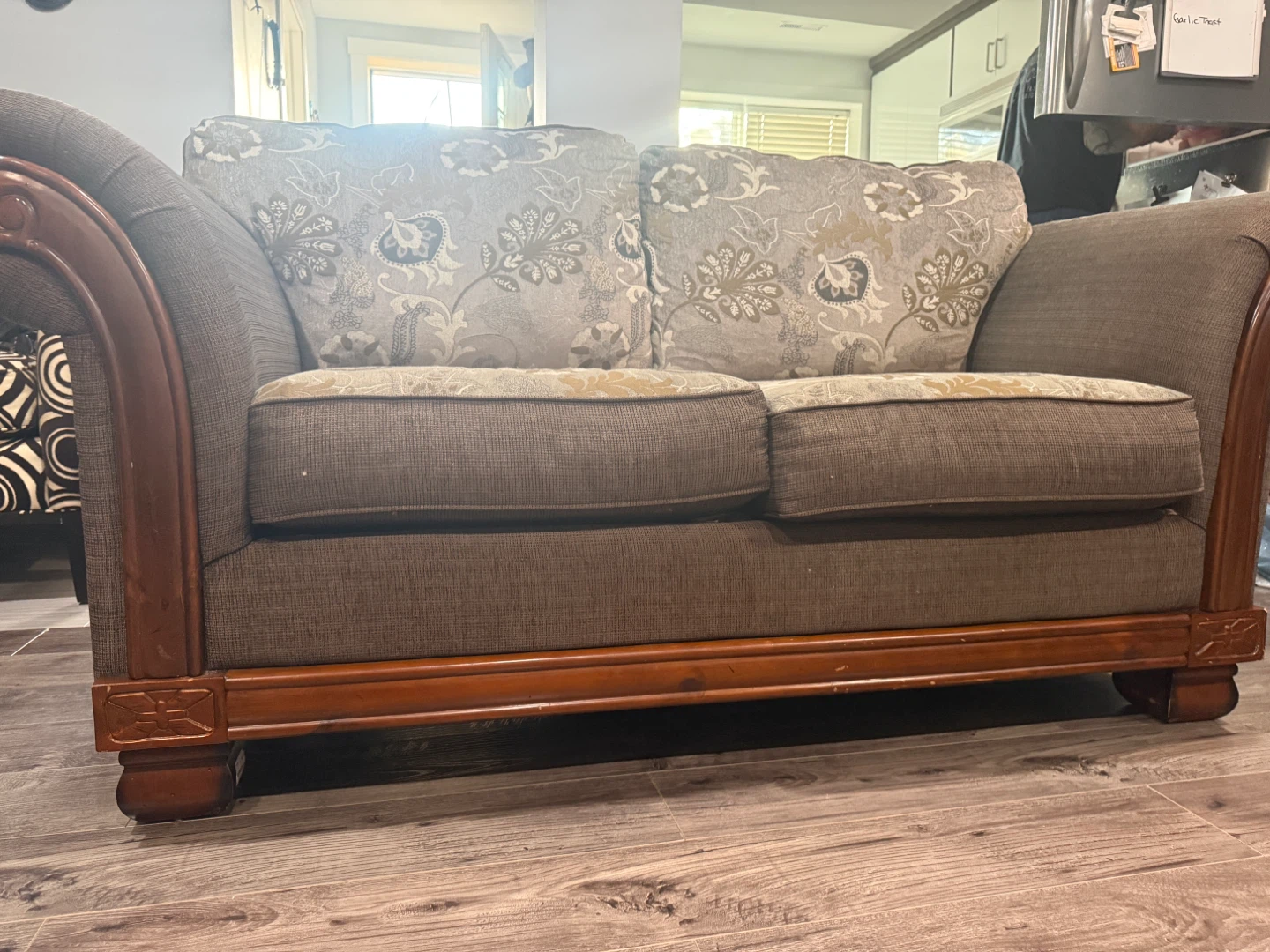Brown Loveseat Sofa with Decorative Wood Trim