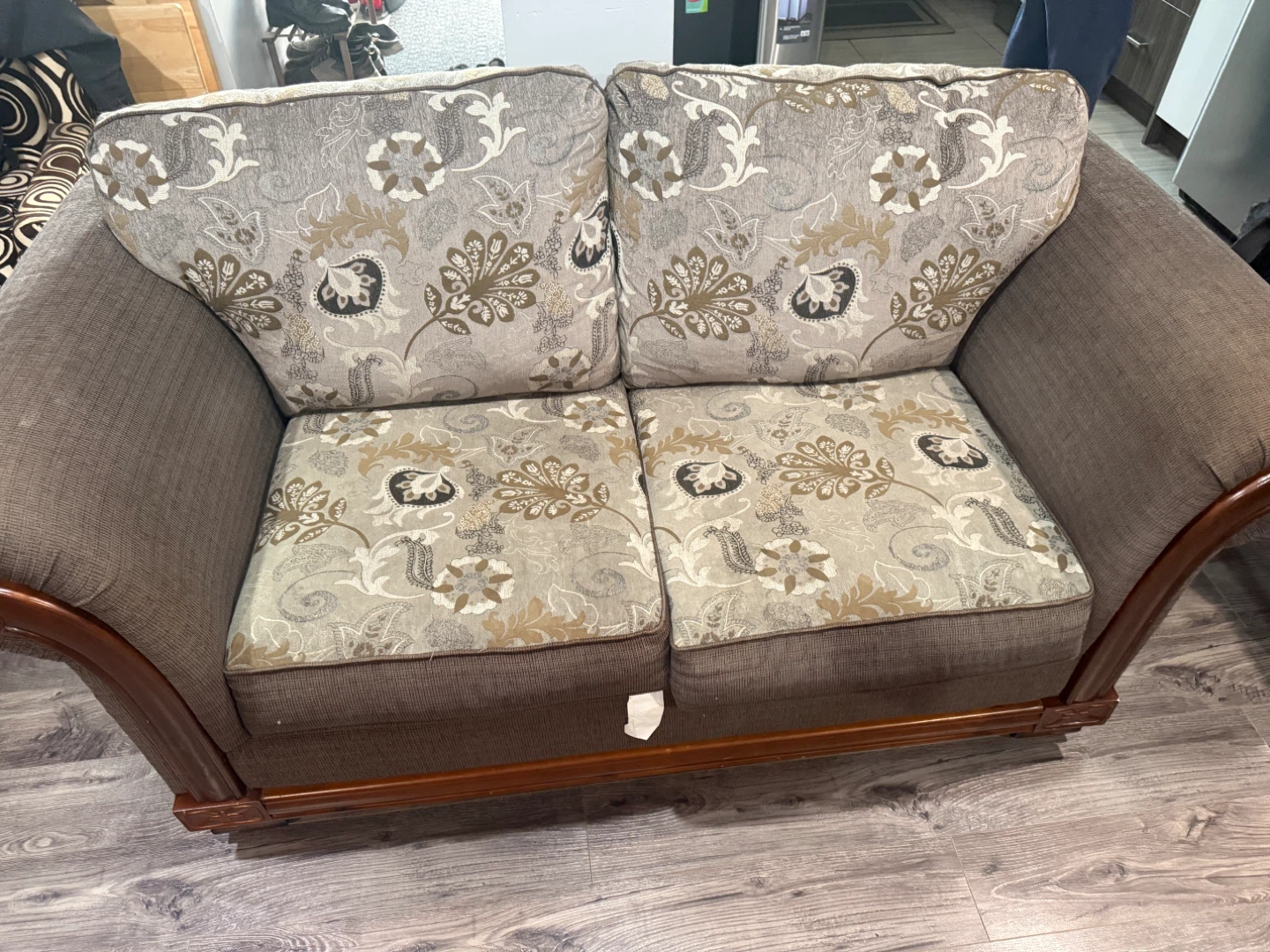 Brown Loveseat Sofa with Decorative Wood Trim - photo 3