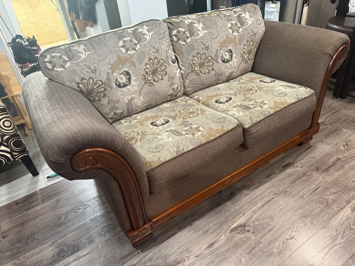 Brown Loveseat Sofa with Decorative Wood Trim - photo 2