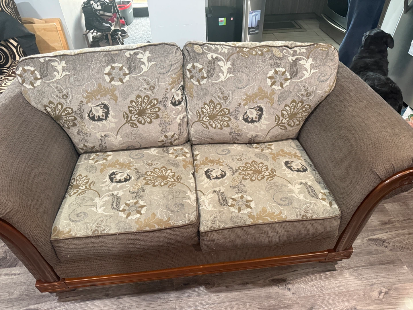 Brown Loveseat Sofa with Decorative Wood Trim - photo 4