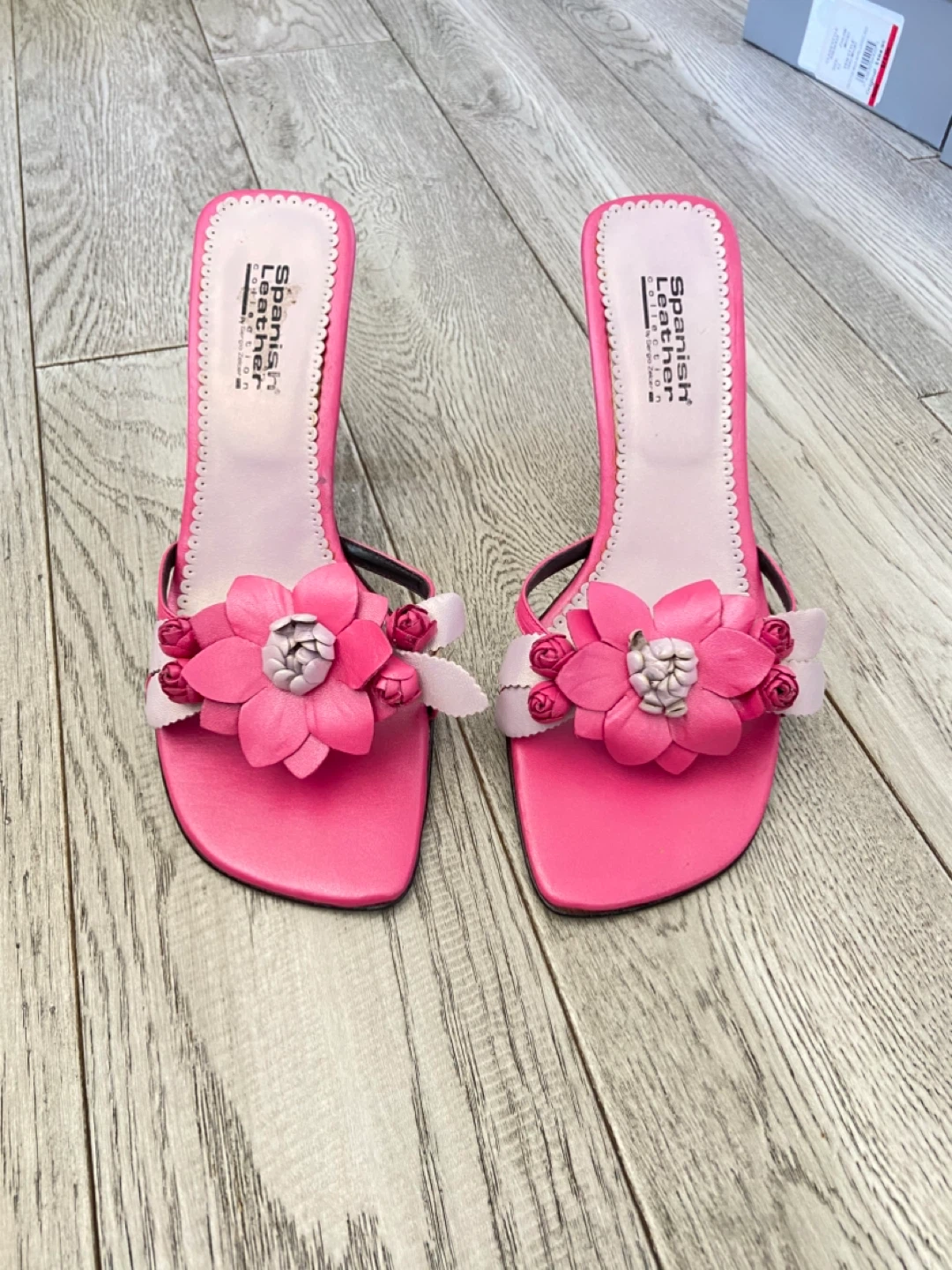 Spanish Leather Pink Floral Heeled Mules Size 8.5