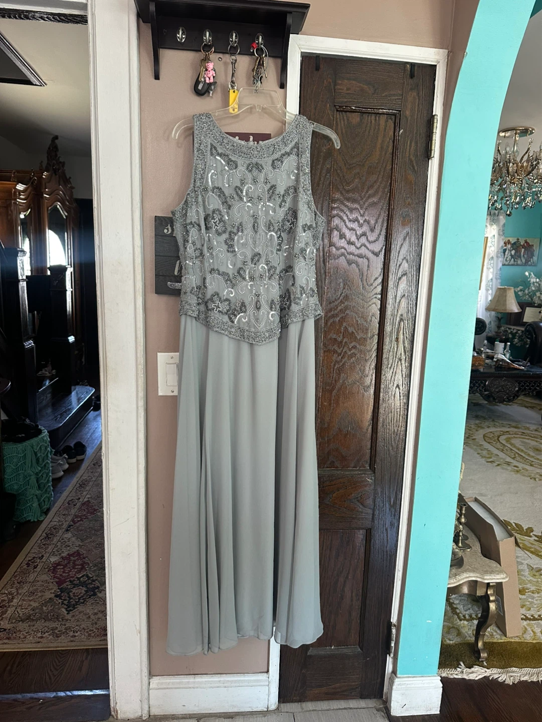J Kara Silver Sequin Beaded Chiffon Maxi Dress
