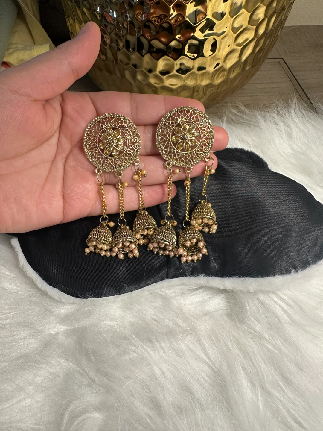 Gold color Jhumka Earrings with Pearls - photo 2