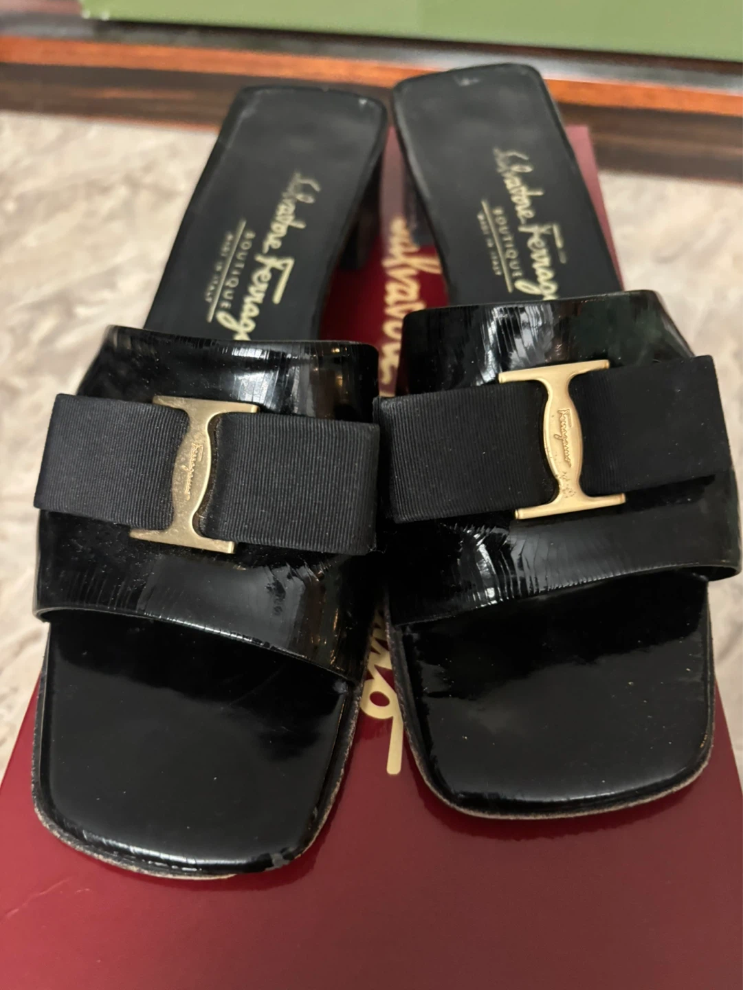 Salvatore Ferragamo Black Patent Leather Bow Heels - Size 7