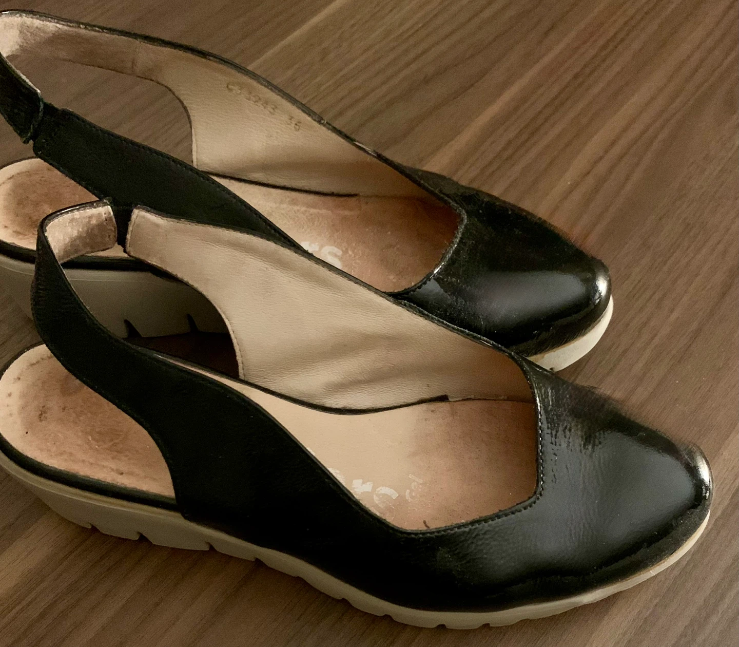 Wonders Black Patent Slingback Wedge Shoes Size 36