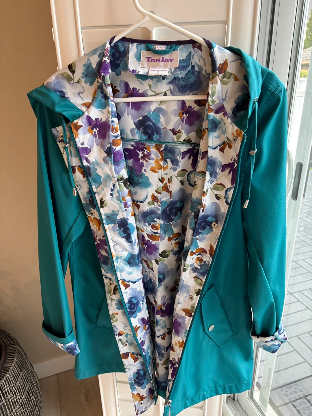 TanJay Teal Floral Lined Hooded Rain Jacket
