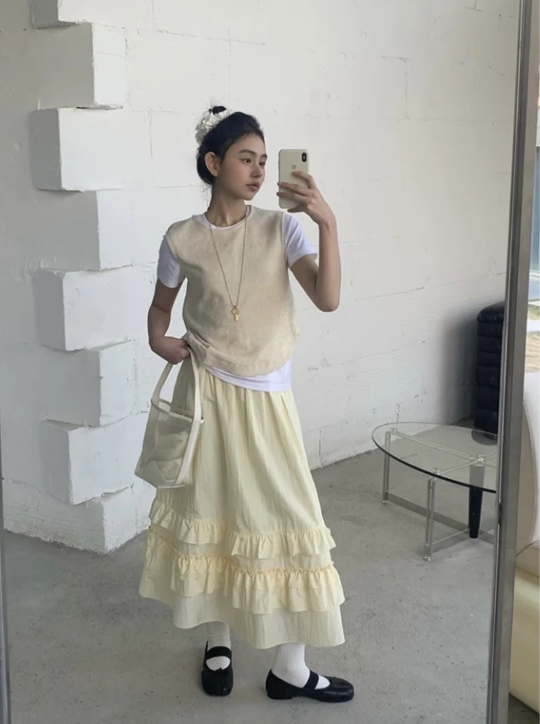 Olive Tiered Ruffle Maxi Skirt - Cream