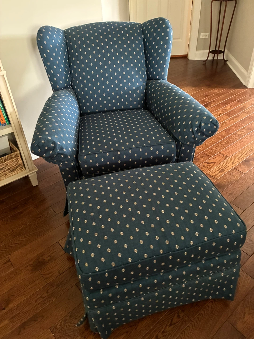 Blue Floral Wingback Chair with Ottoman - photo 3