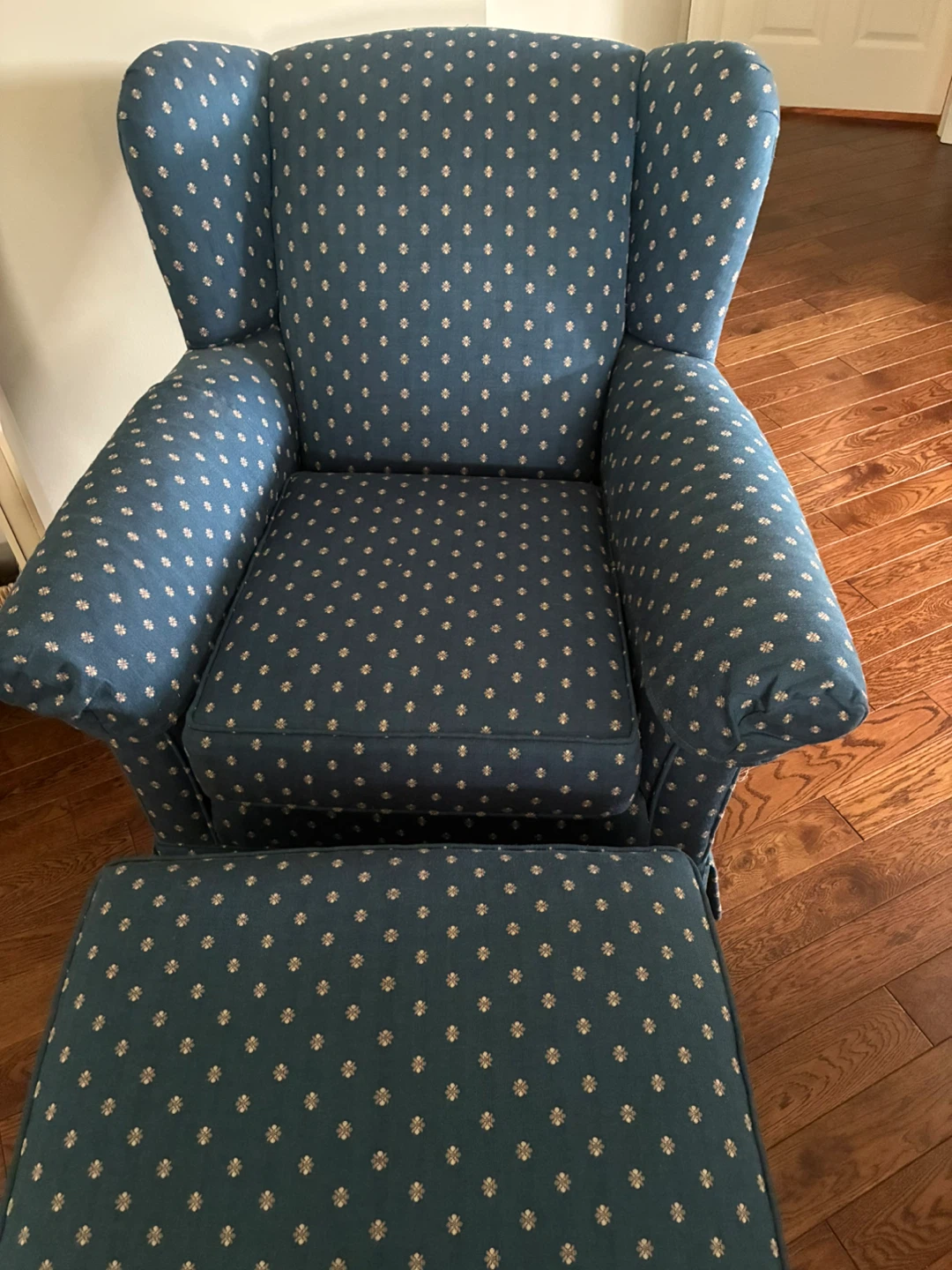 Blue Floral Wingback Chair with Ottoman