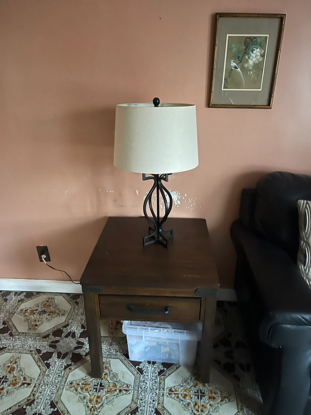 Black Leather Loveseat Sofa side table, and lamp - photo 2