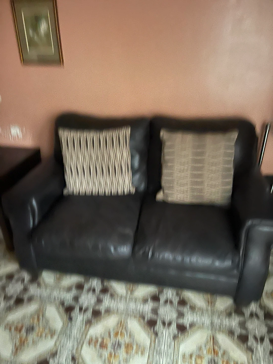 Black Leather Loveseat Sofa side table, and lamp