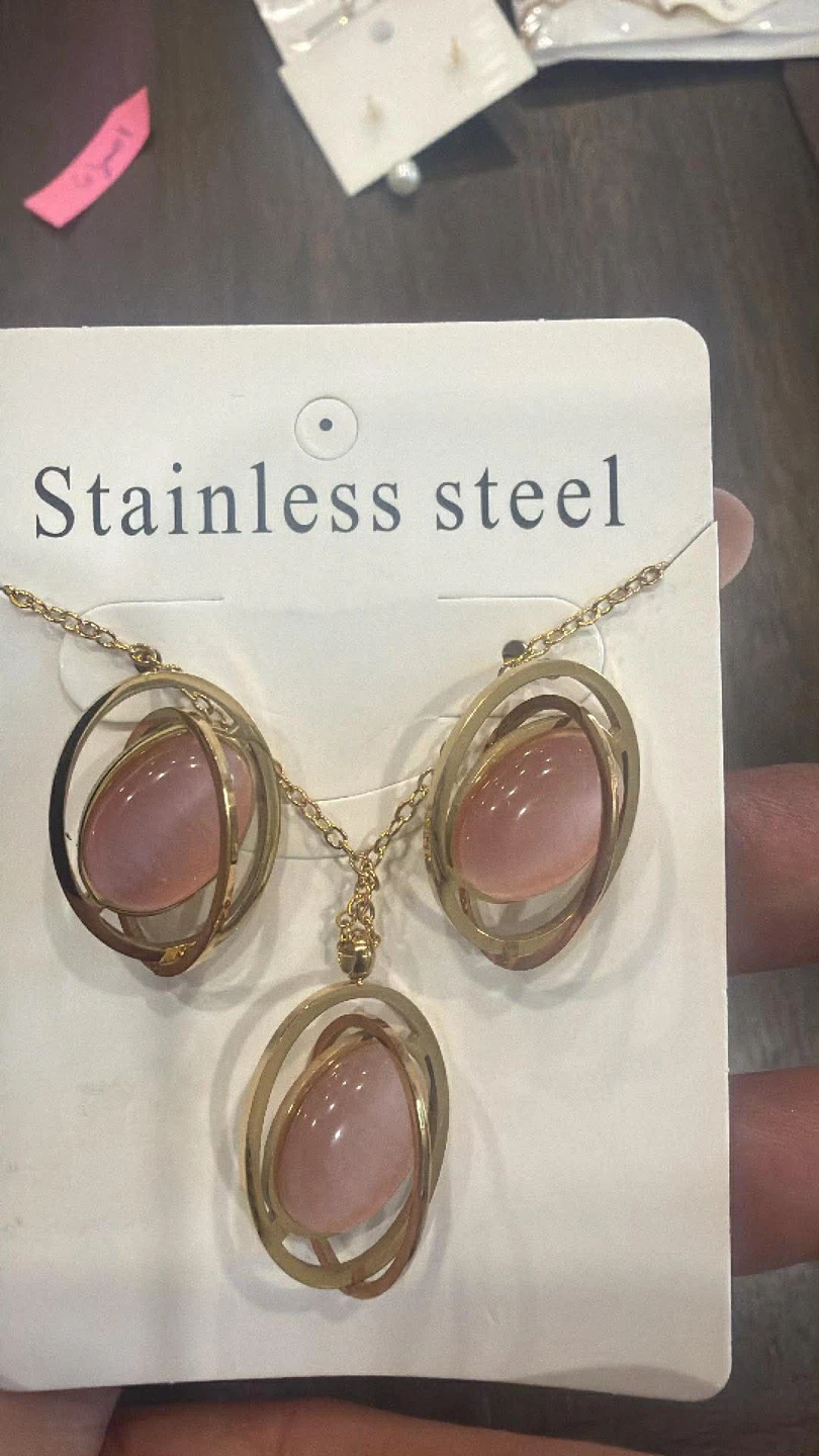 Gold Tone Stainless Steel Necklace and  Stone