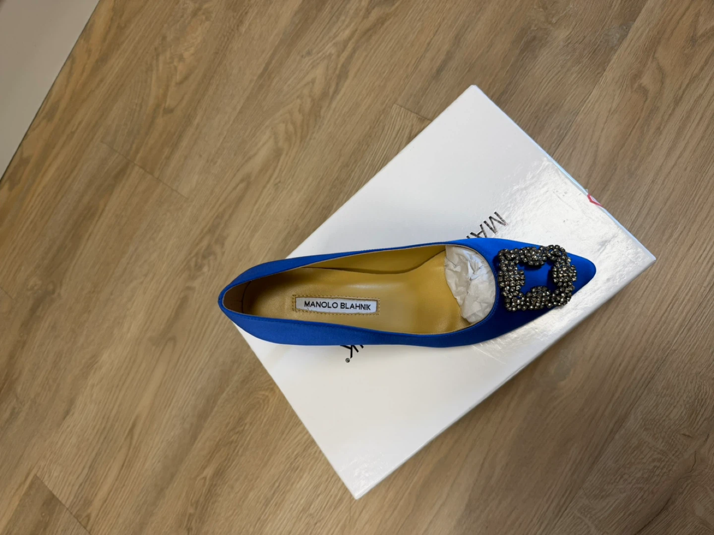 Manolo Blahnik Royal Blue Satin Jewel Buckle Heels