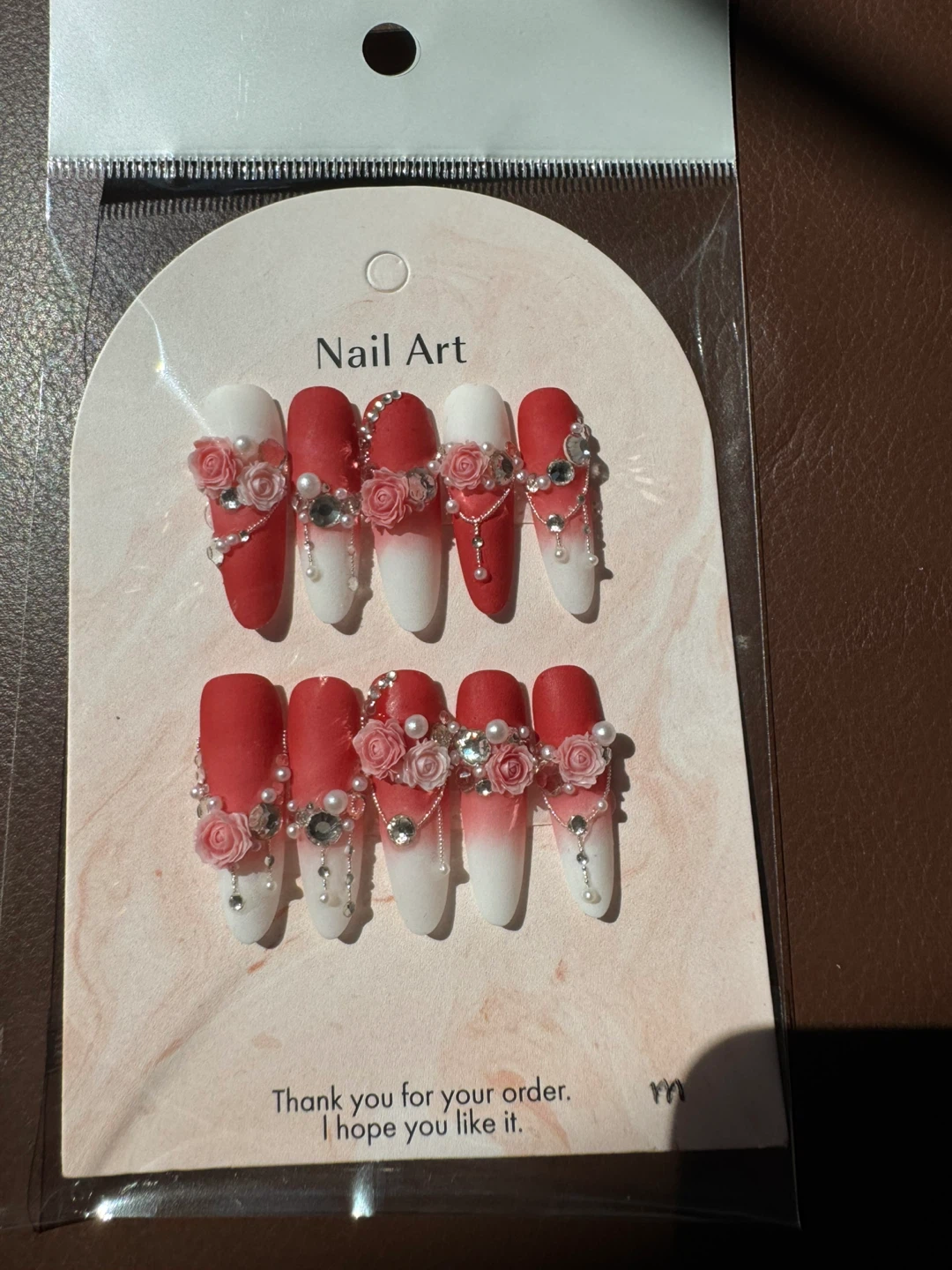 Handmade Press On Nails - Red & White with Floral Design