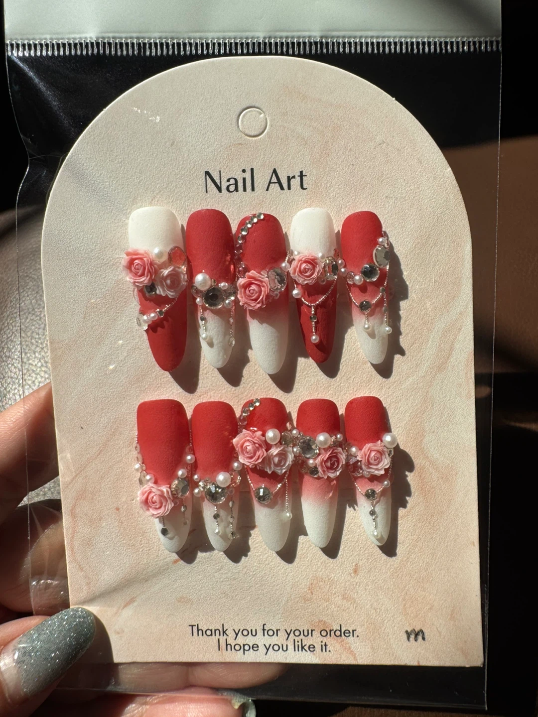 Handmade Press On Nails - Red & White with Floral Design - photo 2