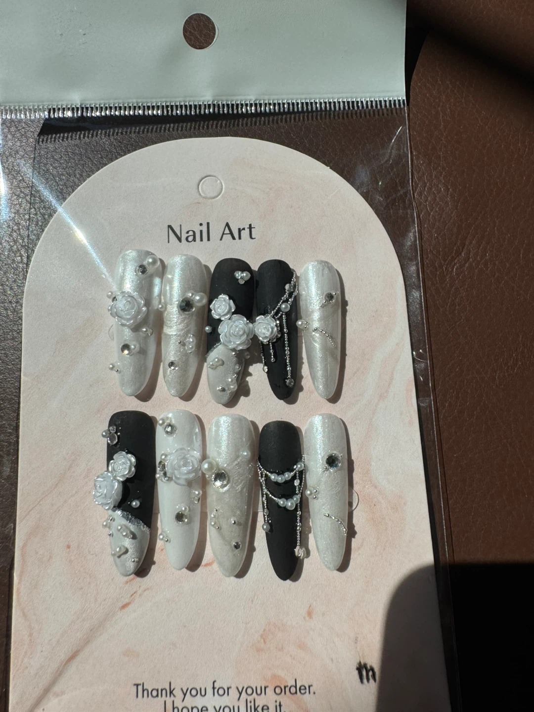 Handmade Press On Nails - White & Black with Pearls and Roses
