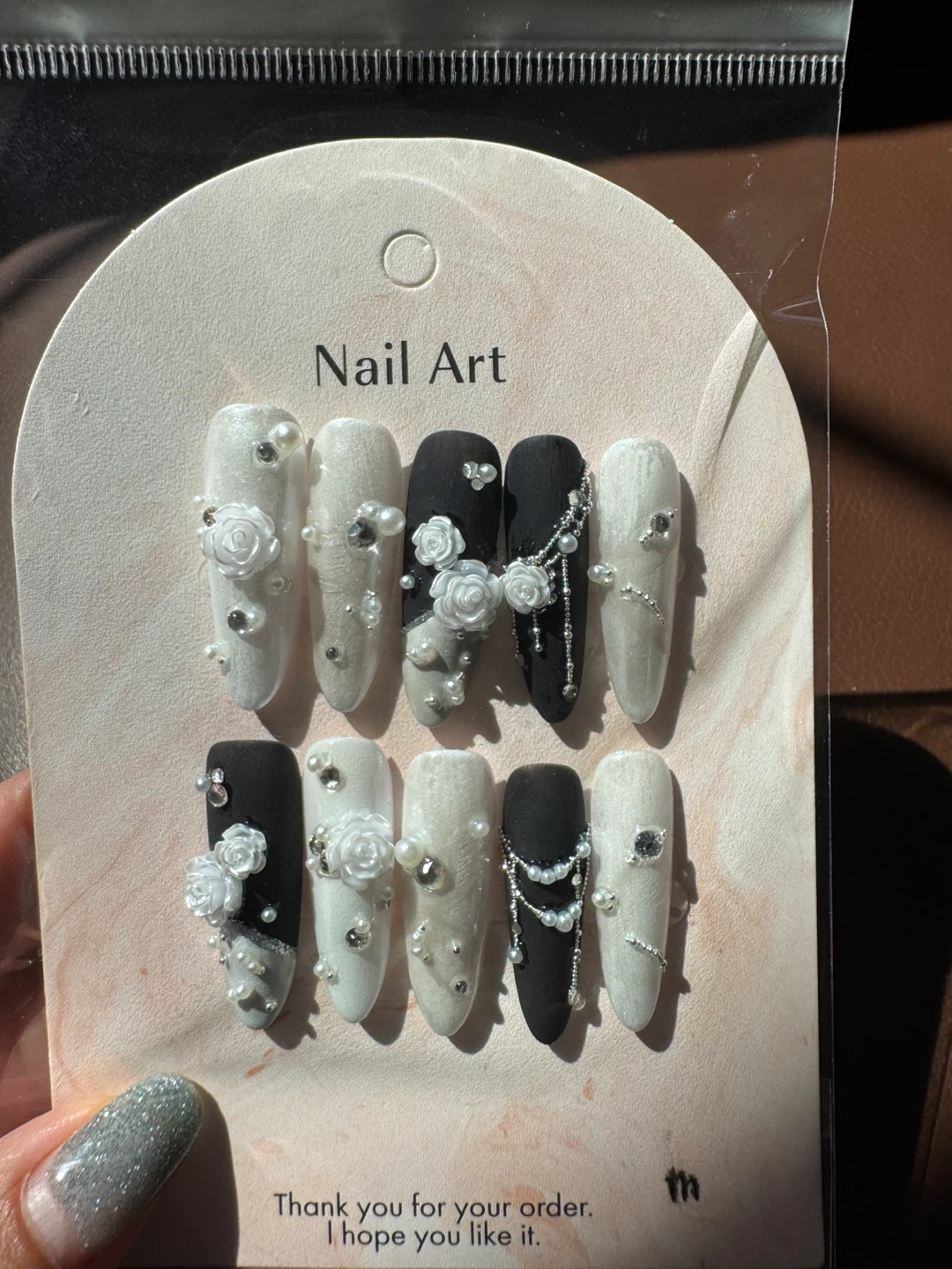 Handmade Press On Nails - White & Black with Pearls and Roses - photo 2