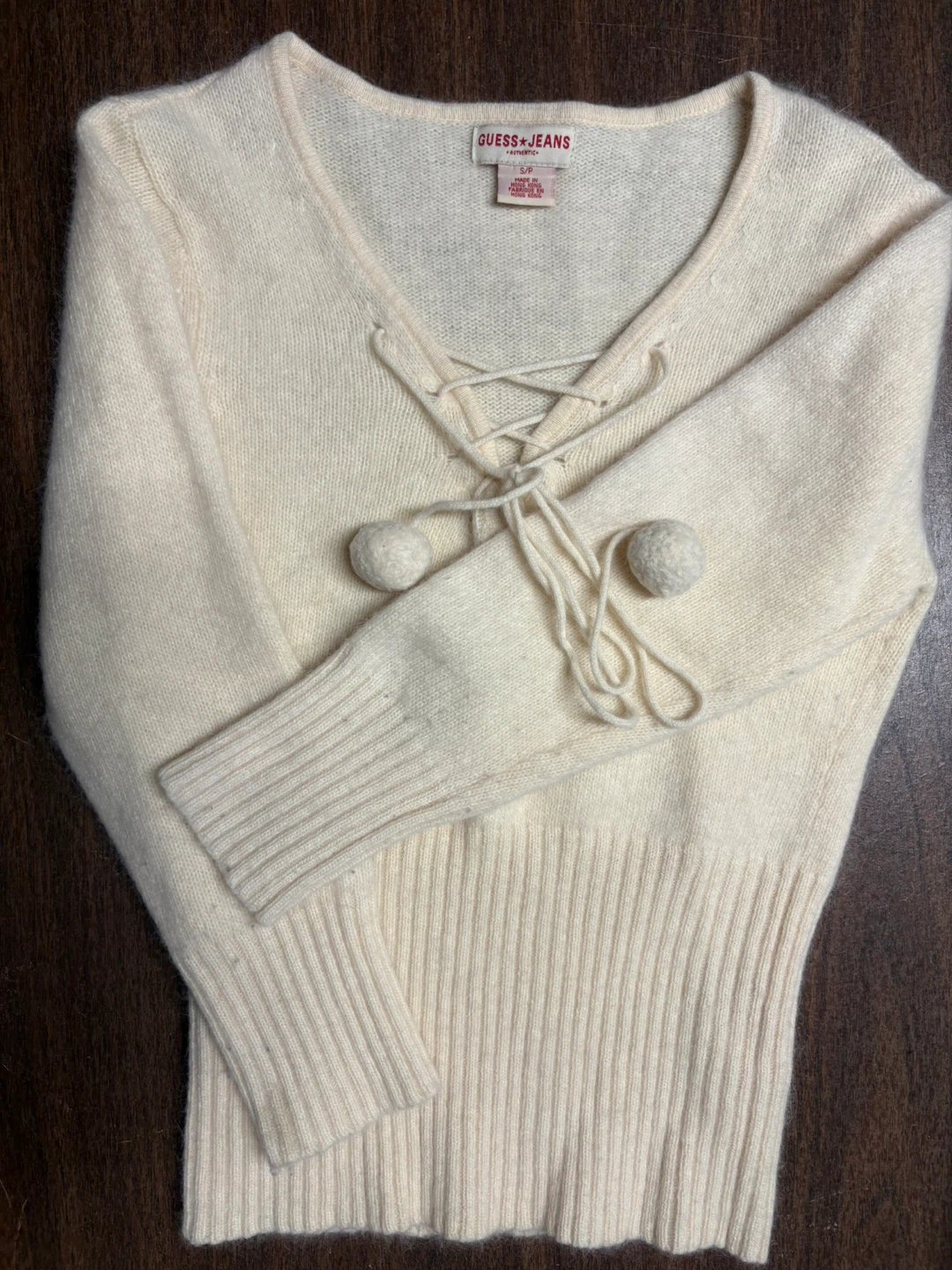 🆓 Guess Jeans cream lace-up sweater & H&M light green cardigan - photo 3