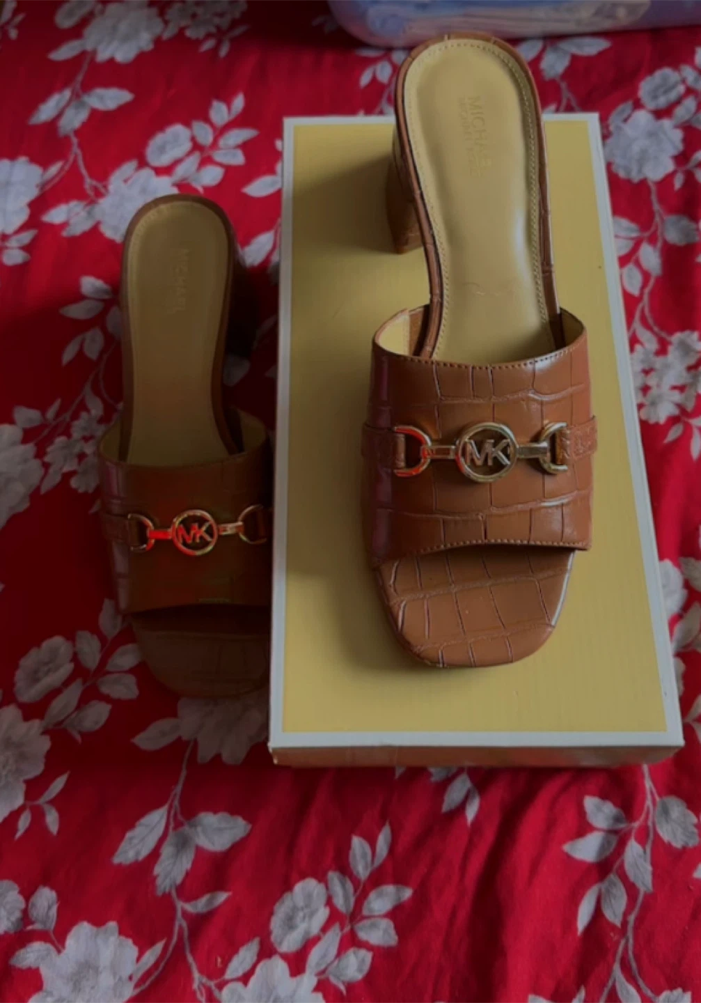 Michael Kors Brown Crocodile Embossed Slide Sandals Size 8.5M