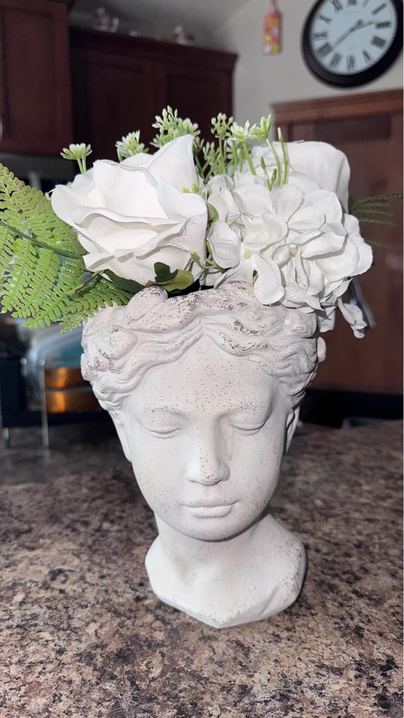 Bust Head Vase with Faux White Flowers