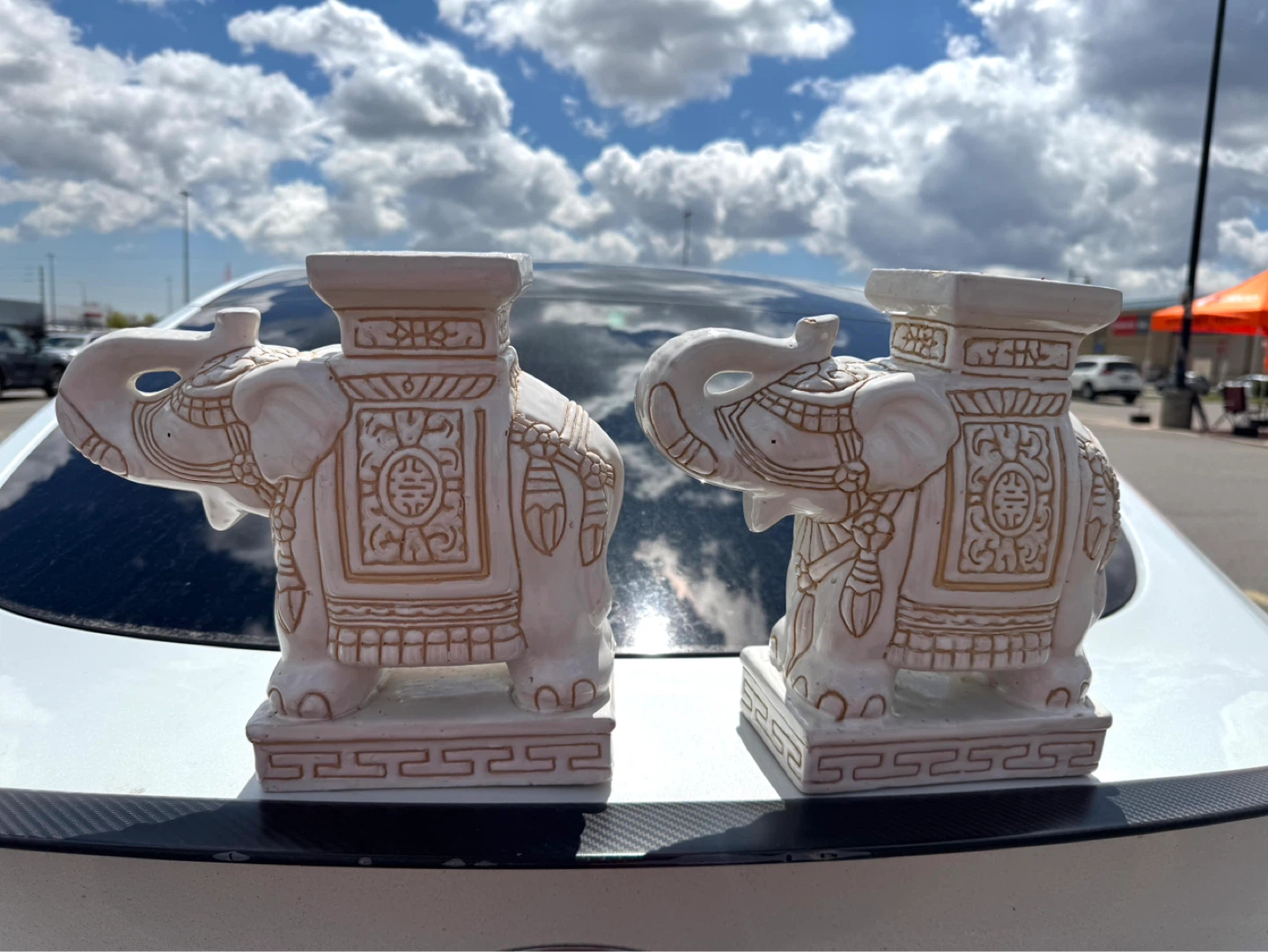 Pair of White Ceramic Elephant Decor