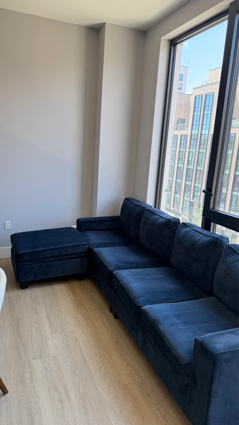 Dark Blue Velvet Sectional Sofa with Ottoman - photo 2