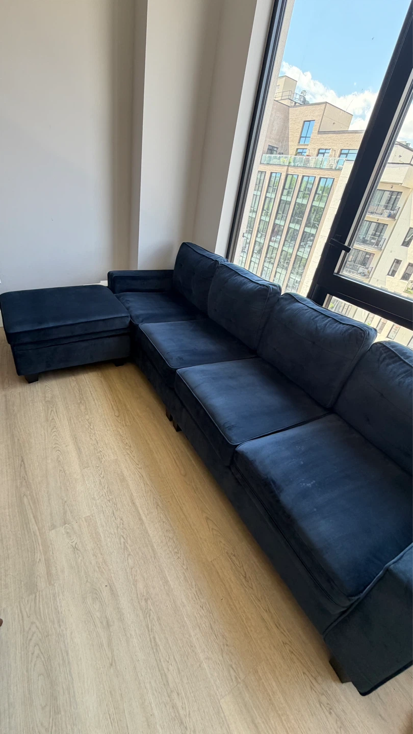 Dark Blue Velvet Sectional Sofa with Ottoman - photo 3