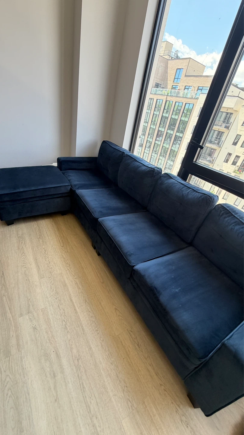 Dark Blue Velvet Sectional Sofa with Ottoman - photo 5