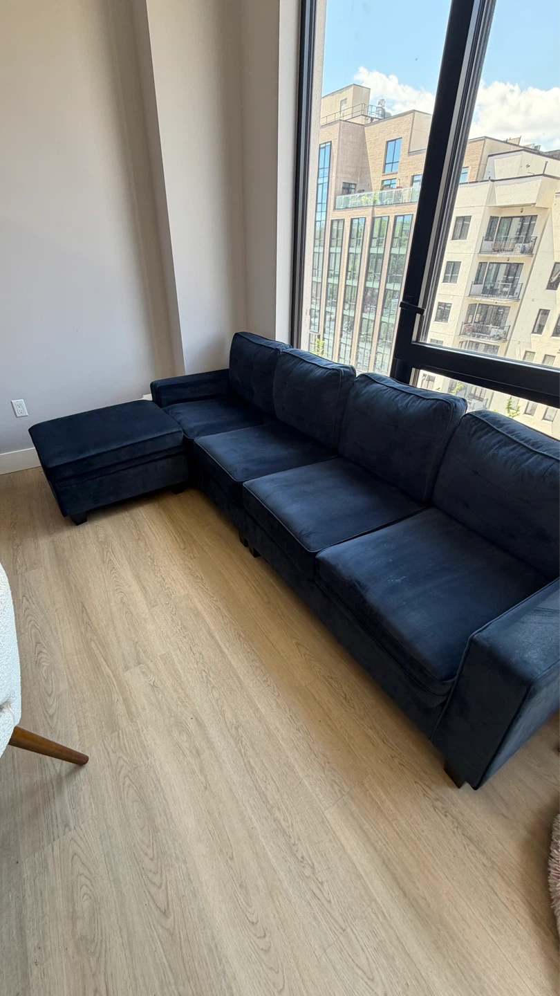 Dark Blue Velvet Sectional Sofa with Ottoman