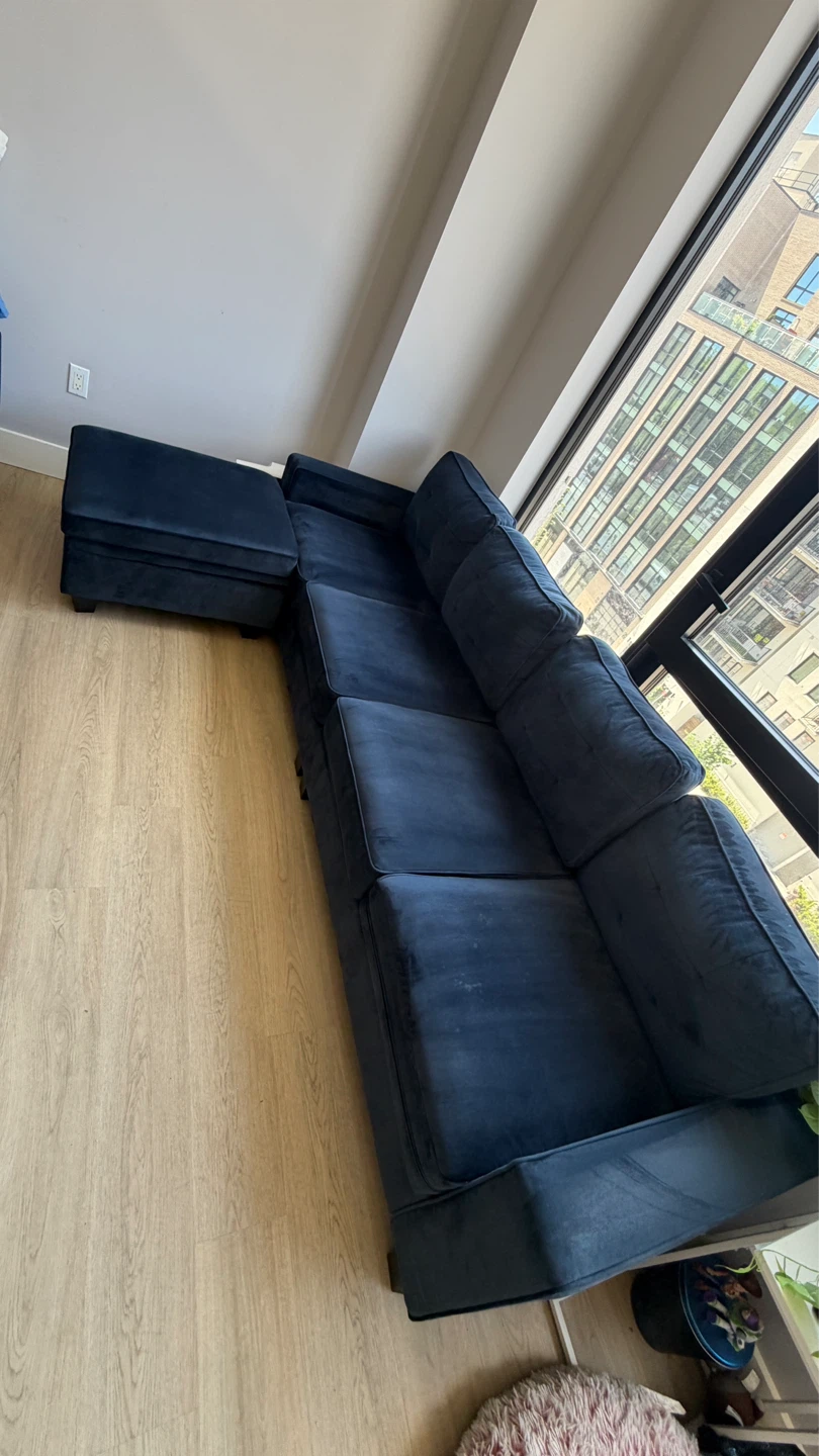Dark Blue Velvet Sectional Sofa with Ottoman - photo 4