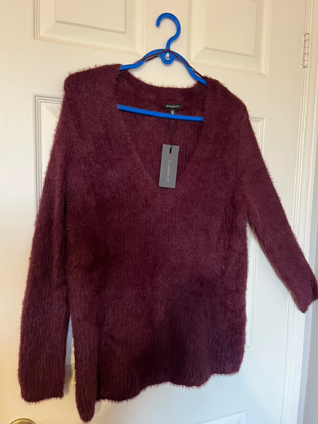 Dynamite Burgundy V-Neck Fuzzy Sweater