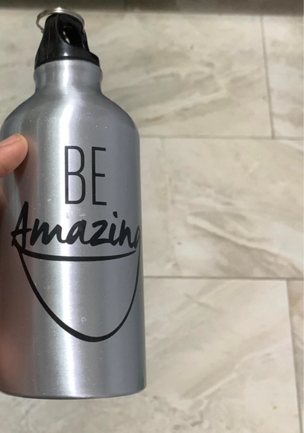 Silver "BE Amazing" Water Bottle with Carabiner Clip